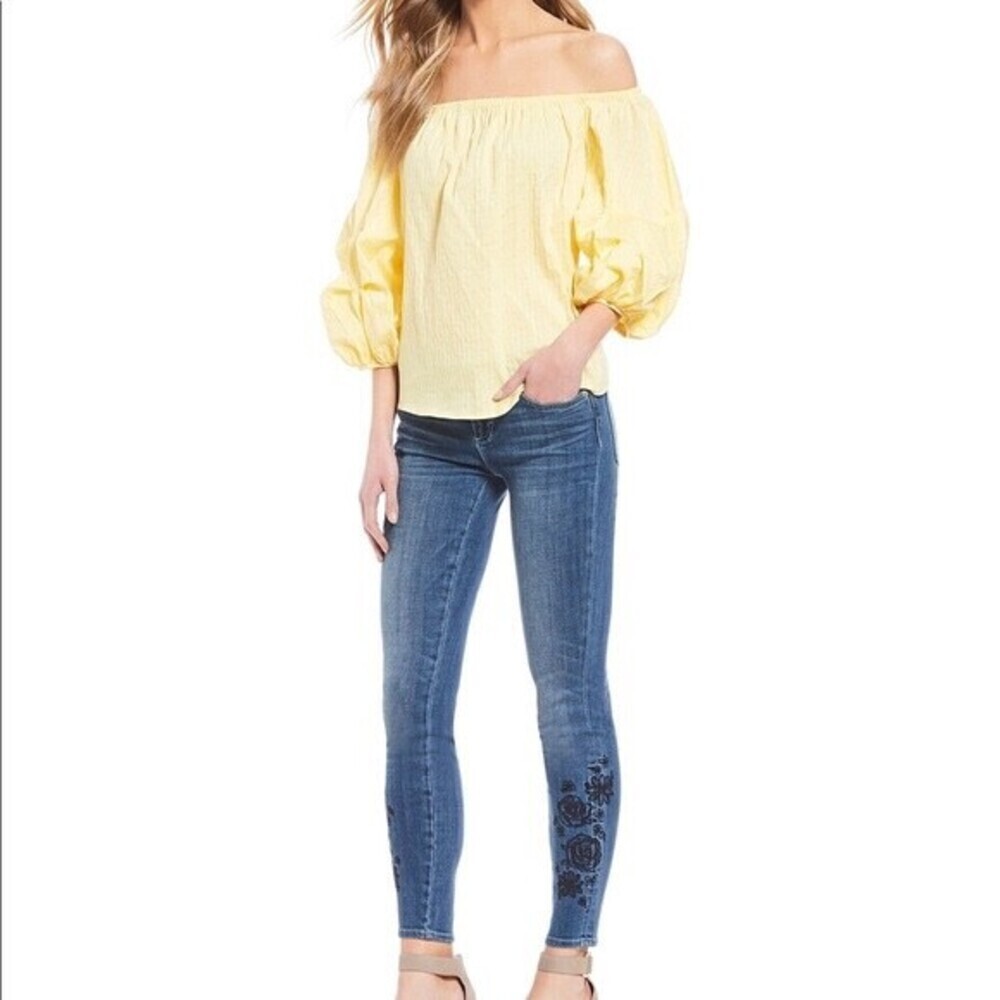 CeCe Women's Jardin Ruffled 3/4 Sleeve Off Shoulder Top In Finch Yellow Size M